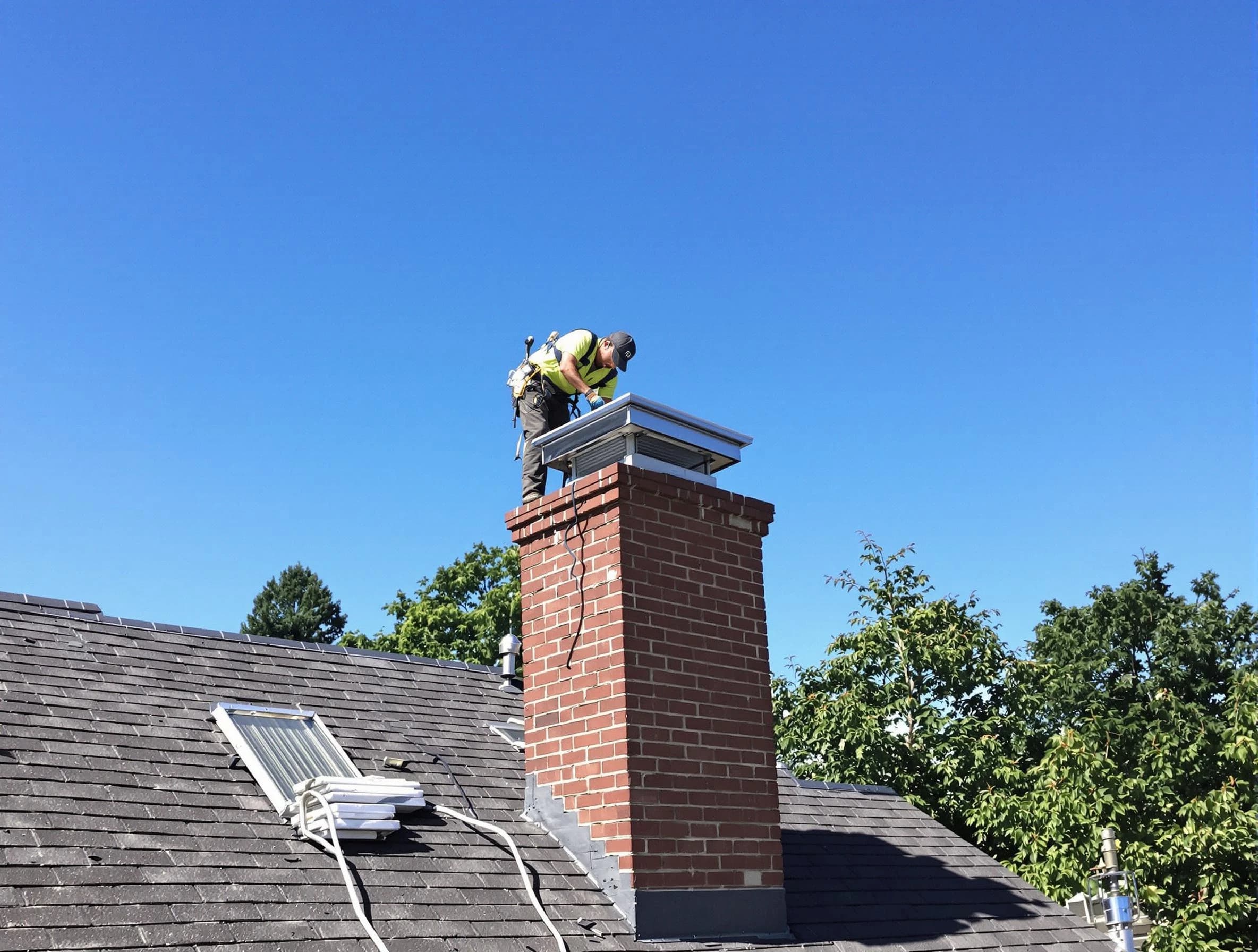 Linden Chimney Sweep technician measuring a chimney cap in Linden, NJ